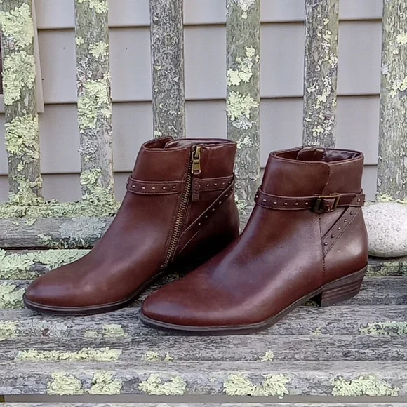 Lauren Ralph Lauren Brown Genuine Leather Shaw Studded Strap Zip Ankle Boots 6 - Picture 3 of 9